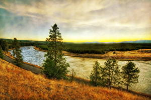 Картинка Парки Реки Пейзаж Штаты Трава HDR Йеллоустон Montana Wyoming Природа