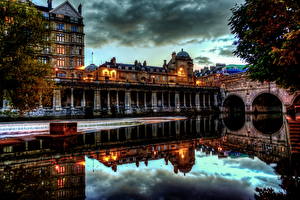 Картинка Англия Речка Ночные HDR Pulteney Bridge Bath Города