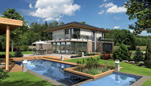 Фотография Ландшафтный дизайн Здания Плавательный бассейн Особняк Дизайн 3D_Графика