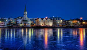 Обои Исландия Река Зима В ночи HDR Рейкьявик город