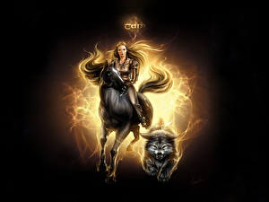 Картинки Лошадь Волки Фэнтези Девушки Девушки