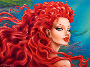 Картинка Кудрявые Волосы Рыжая Фэнтези Девушки