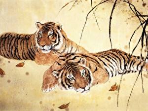 Картинка Большие кошки Тигры Рисованные животное