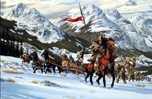 Картинки Лошадь Воин Горы С копьем